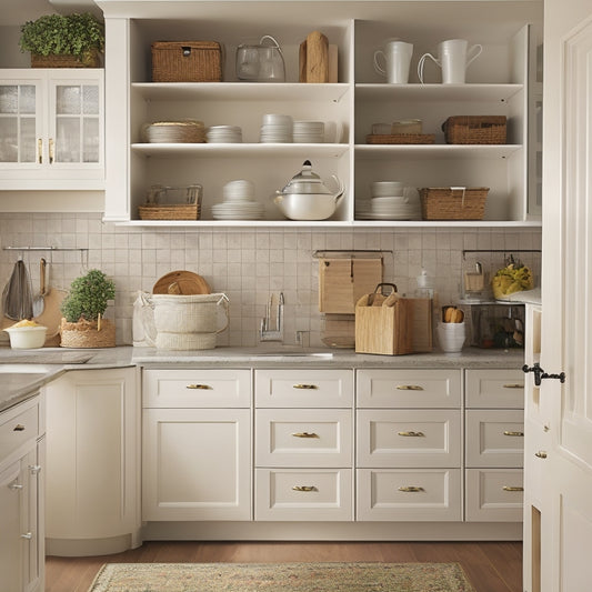 A tidy kitchen with cream-colored cabinets, upper shelves stocked with labeled baskets, lower drawers organized with dividers, and a countertop with a utensil organizer and a few strategically placed decorative items.