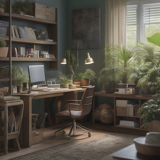 A tidy, well-lit home office with a desk, chair, and bookshelves, featuring a laptop and a tablet displaying a digital ebook, surrounded by organized storage bins and a few potted plants.