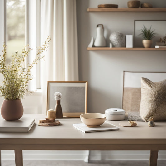 A serene, minimalist home interior with a few, carefully curated objects on a shelf, a calm-colored rug, and a laptop open to a decluttering guide on a tidy desk.