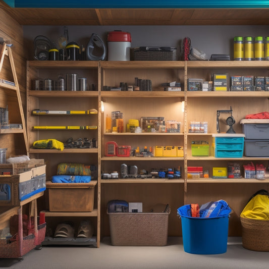 A clutter-free garage with a pegboard wall, labeled bins, and a DIY shelving unit built from reclaimed wood, surrounded by organized emergency supplies like flashlights and first aid kits.