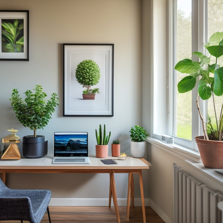 A serene, organized home office with a minimalist desk, a few framed family photos, and a single, blooming potted plant, surrounded by empty space and natural light.