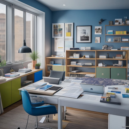A tidy, modern home office with a large desk, a laptop, and a tablet displaying 3D floor plans, surrounded by color-coded folders, a miniature model house, and a few scattered architectural magazines.