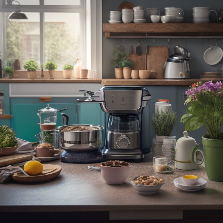 A cluttered kitchen counter with a toaster, blender, and coffee maker pushed to the back, surrounded by scattered utensils, cookbooks, and a few dirty dishes, with a small potted plant in the corner.