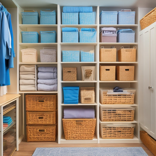 A pristine, well-lit closet with shelves, rods, and bins, featuring a mix of open storage and closed containers, showcasing a variety of organization tools, including stackable shelves, hanging organizers, and woven baskets.