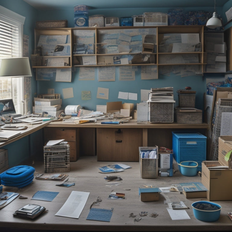 A cluttered home office with a half-assembled shelving unit, scattered papers, and discarded storage bins, surrounded by broken or worn-out organizational tools like bent paper clips and snapped rubber bands.
