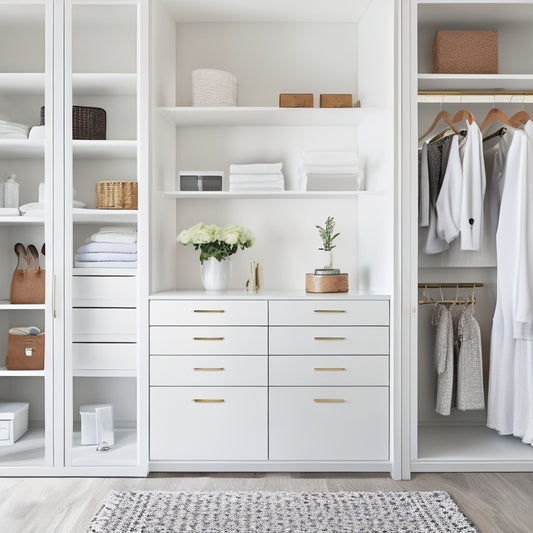 A bright, modern walk-in closet with sleek white walls, polished hardwood floors, and a mix of open shelves and closed cabinets in various sizes from IKEA's PAX and ALGOT systems.