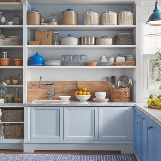 A clutter-free kitchen with a mix of open and closed shelving, baskets, and decorative containers, showcasing clever storage solutions, such as a utensil organizer attached to a cabinet door.