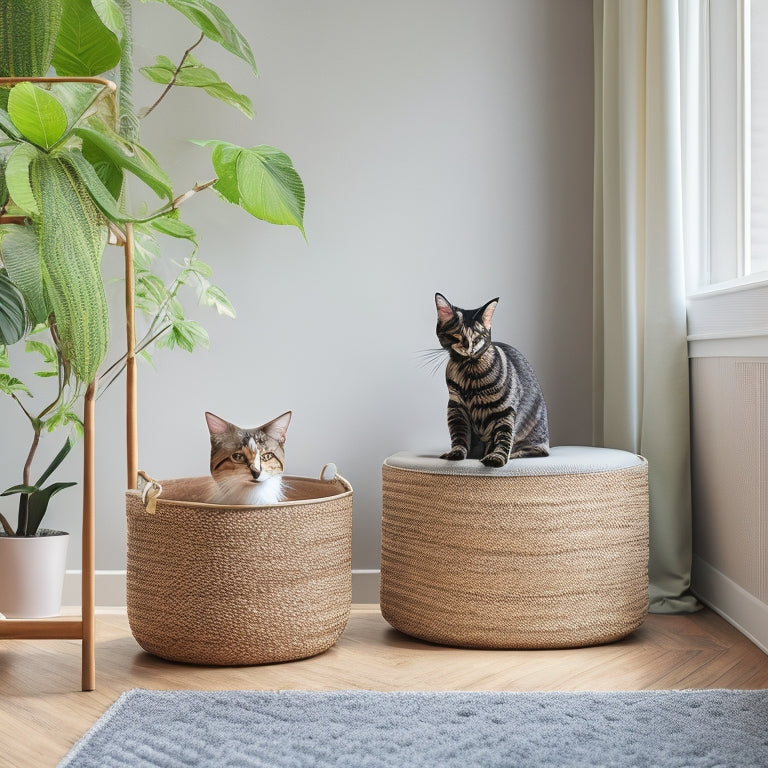 A stylish, minimalist room with a discreetly hidden cat litter box camouflaged as a woven basket or decorative storage ottoman, surrounded by elegant furnishings and lush greenery.