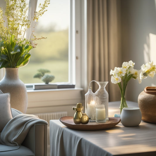 A serene, clutter-free living room with a few, carefully placed sentimental items, a vase of fresh flowers, and a subtle, natural light pouring in through a barely visible window.