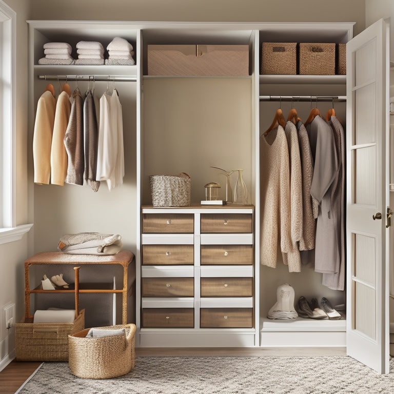 A serene, well-lit closet with cream-colored walls, dark wood floors, and a mix of open shelves and closed cabinets in a warm, honey-colored wood tone, showcasing stylish storage bins and organized garments.