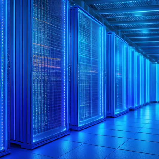 A futuristic, sleek, and modern data center with rows of glowing blue servers, surrounded by a network of holographic circuits and neon-lit fiber optic cables, set against a dark blue background.