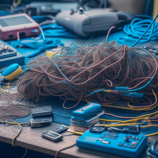 An entangled mess of colorful wires, tangled cords, and broken screens, surrounded by old phones, laptops, and gadgets, set against a blurred cityscape background with a faint outline of a minimalist room.