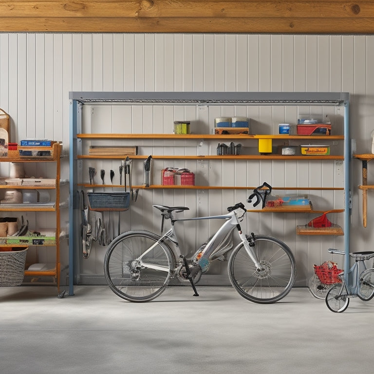 A clutter-free garage with three-tiered shelving units, metal frames, and wooden planks, holding storage bins, tools, and bicycles, against a light-gray concrete wall with a few scattered tools on the floor.
