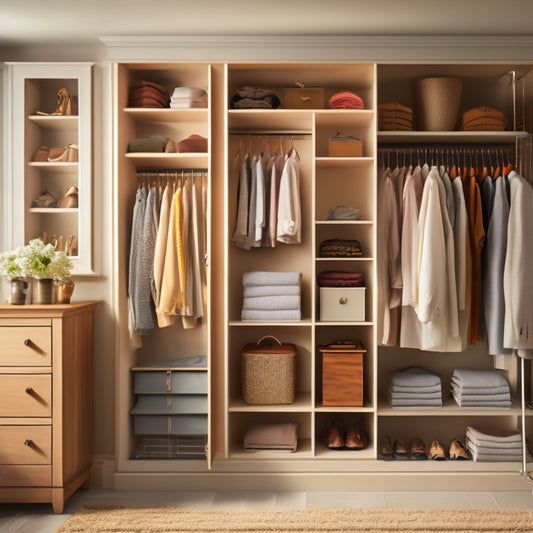 A serene, well-lit closet interior with customized shelves, drawers, and rods in a warm wood tone, surrounded by neatly organized clothing and accessories, against a soft, creamy background.