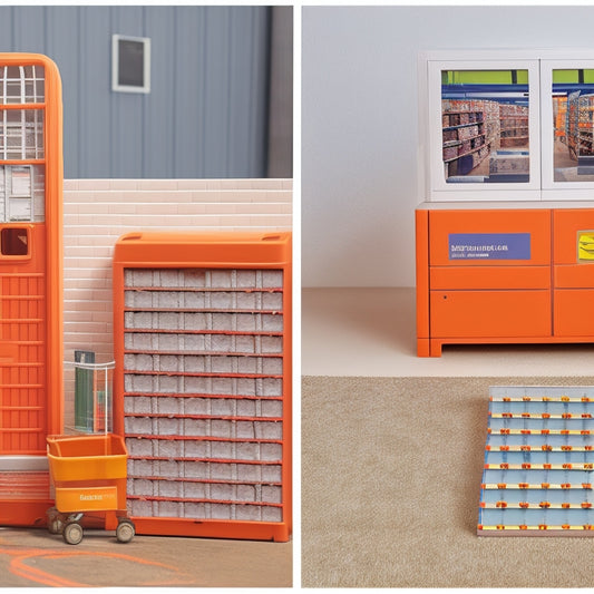 A split-screen image: on the left, a miniature orange warehouse with various storage unit doors ajar, revealing stacked boxes and furniture; on the right, a large 92708 zip code map with colorful markers and strings measuring distances.