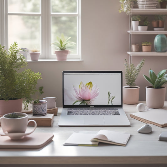 A serene and tidy workspace with a laptop open to a digital course platform, surrounded by neatly arranged office supplies, a few potted plants, and a subtle background of soft pastel colors.