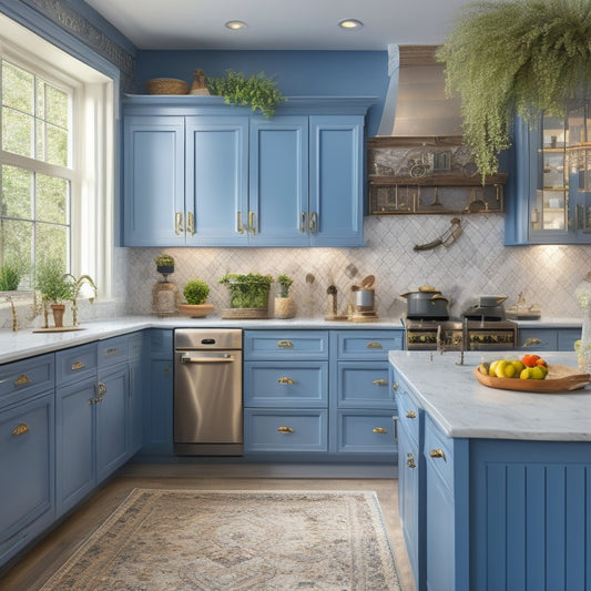 A beautifully styled kitchen with repurposed, distressed, and refinished cabinets in soft blues and whites, adorned with ornate hardware, surrounded by lush greenery and warm, golden lighting.