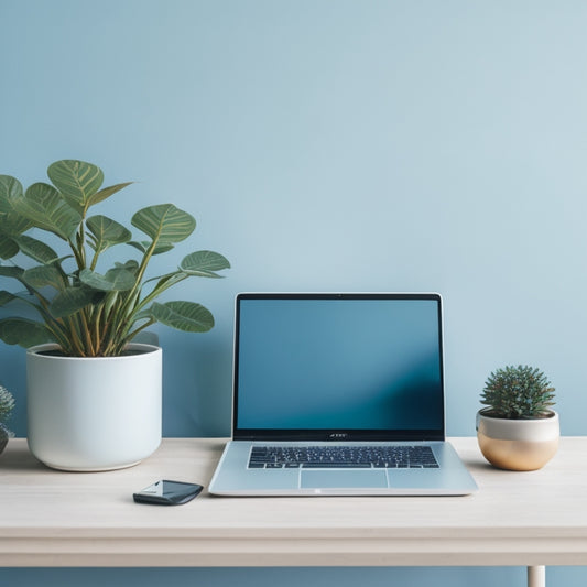 A serene, minimalist workspace with a single, sleek laptop, a tiny potted plant, and a few, carefully-arranged papers on a wooden desk, set against a calming, light-blue background.