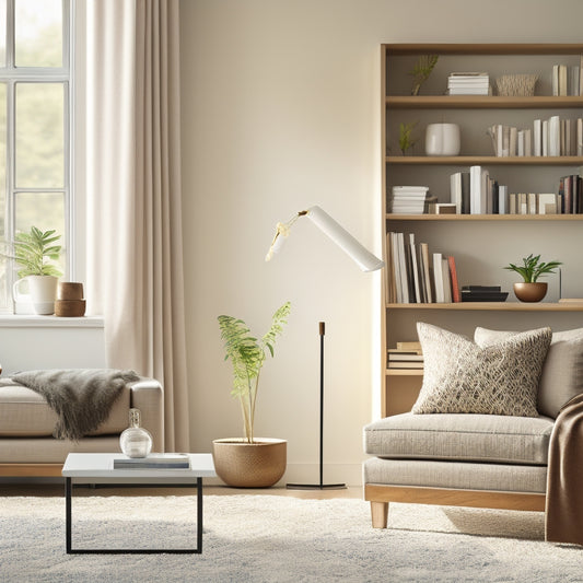 A serene, clutter-free living room with a minimalist aesthetic: a tidy bookshelf, a few carefully placed decorative objects, and a stylish storage ottoman, illuminated by warm, natural light.