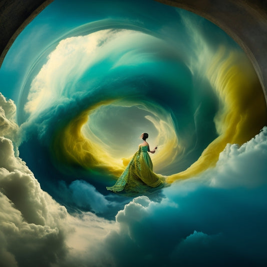 A serene, wispy figure stands at the center of a whirlwind, surrounded by swirling clouds of blue, green, and yellow, representing emotional turmoil, with a subtle compass in the background.