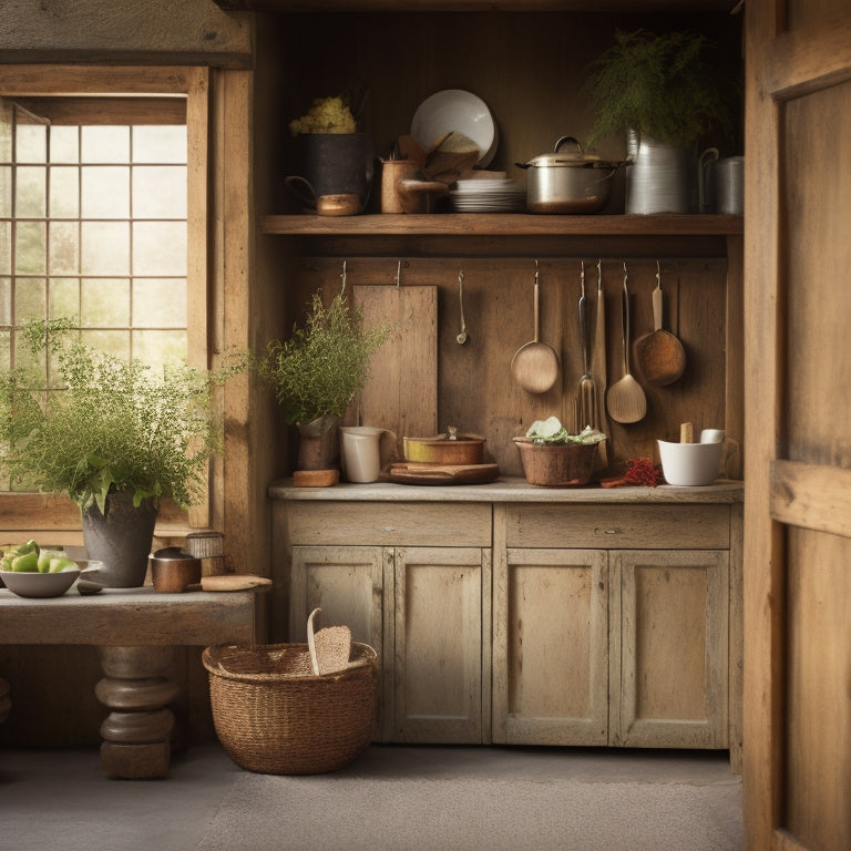 A rustic wooden door turned kitchen island with metal hairpin legs, adorned with vintage utensils and a few potted herbs, set against a warm, creamy background with soft, natural light.