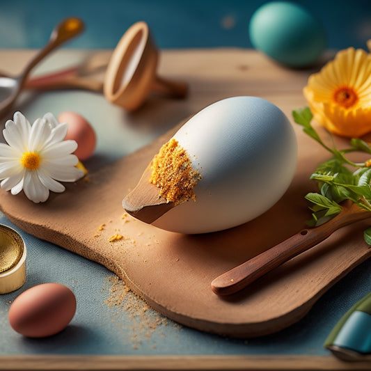 A warm and inviting illustration of a cracked eggshell with a miniature kitchen utensil, such as a wooden spoon or whisk, emerging from the center, surrounded by gentle, swirling flourishes.