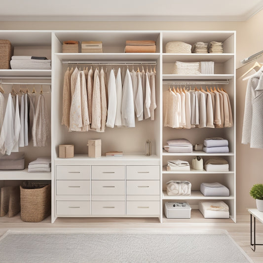 A bright, modern closet interior with white shelves, drawers, and rods, featuring a mix of folded clothes, hanging garments, and accessories, surrounded by calming beige walls and a light wood floor.