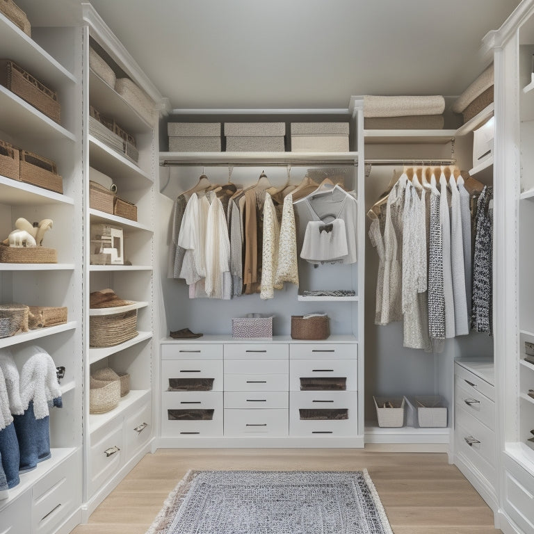 A clutter-free walk-in closet with floor-to-ceiling shelves, drawers, and rods, featuring a mix of open and closed storage, with baskets, bins, and a few stylishly hung garments.