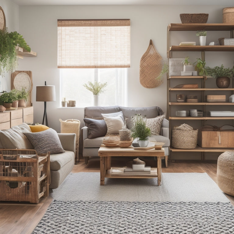 A clutter-free living room with a repurposed wooden crate coffee table, woven basket shelves, and a DIY pegboard on the wall, surrounded by neatly organized items and minimal decor.