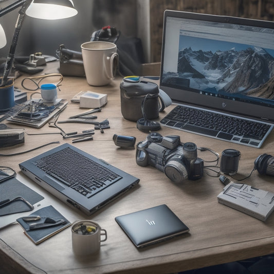 A messy desk with a dismantled HP laptop, scattered screws, and a torn installation manual, transformed into a tidy workspace with a fully assembled laptop and a satisfied person in the background.