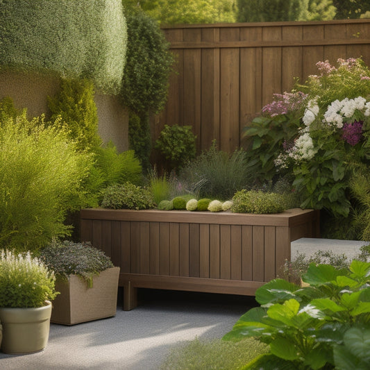 A serene backyard with a modern outdoor storage bench, sleek and minimalist, in a weathered wood tone, surrounded by lush greenery and vibrant flowers, with a few outdoor decorative items neatly organized inside.