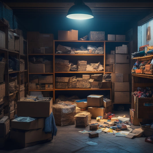 A dimly lit, cluttered storage room with boxes stacked haphazardly, a broken shelf, and a few scattered items on the floor, with a faint outline of a puzzle piece missing from the wall.