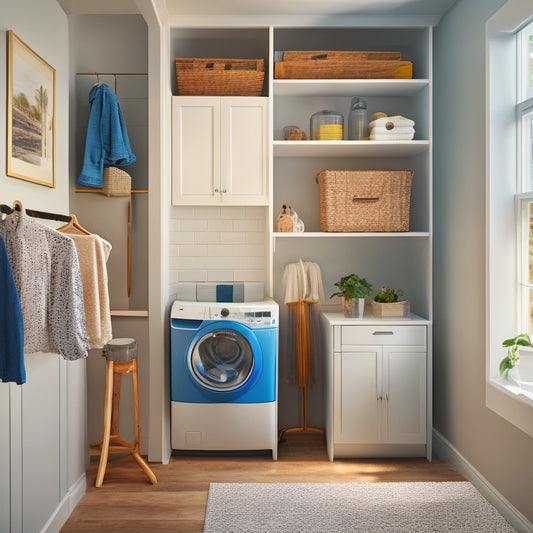 A tidy, narrow laundry room with a wall-mounted fold-down ironing board, a compact washer and dryer, and a sleek shelving unit with stacked baskets and a hanging rod.