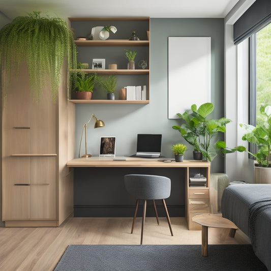 A minimalist, well-lit studio apartment with a Murphy bed, a compact desk, and a sleek, wall-mounted shelf system, surrounded by lush greenery and a few, carefully-placed decorative accents.