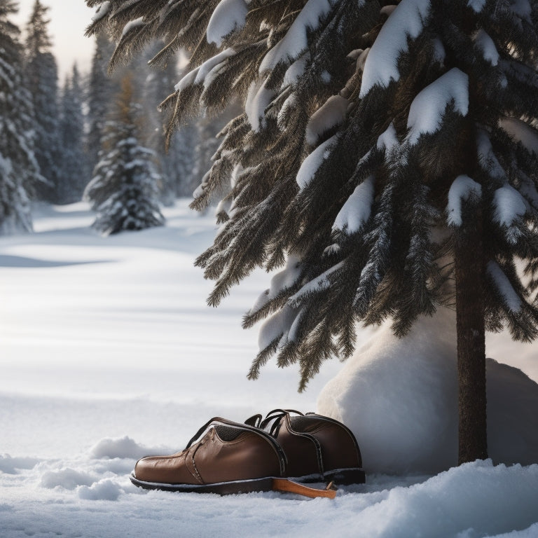 A serene winter landscape with a pair of skis leaning against a snow-covered tree, surrounded by evergreen branches, with a subtle, earthy-toned shoebag with a ski-inspired design pattern in the foreground.