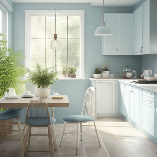 A bright, airy, and modern tiny kitchen with a sleek white countertop, pale blue cabinets, and a small, round, wooden table and chairs, surrounded by lush greenery and natural light.