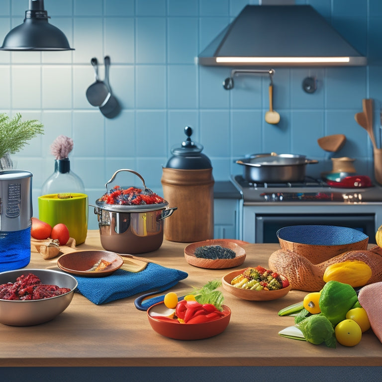 A warm, well-lit kitchen with ergonomic utensils, a one-handed can opener, and adaptive cookware on a countertop, surrounded by fresh ingredients and a few comfort items, like a plush oven mitt.