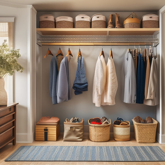 A clutter-free hall closet with double rods, shelves, and woven baskets, featuring a few neatly hung coats, a few pairs of shoes on a shelf, and a few storage bins on the floor.