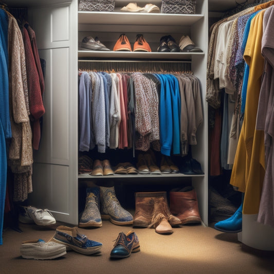 A cluttered closet interior with clothes spilling out of overflowing shelves, tangled hangers, and discarded shoes scattered on the floor, with a faint outline of a tidy closet in the background.