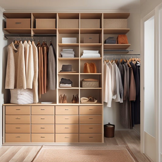 A serene, modern closet with creamy white walls, sleek wooden floors, and a floor-to-ceiling IKEA PAX wardrobe system in a warm, honey-brown finish, adorned with stylish storage bins and hooks.
