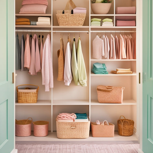 A tidy, compact closet with a mix of open shelves, hanging rods, and woven baskets, showcasing a curated selection of clothes, shoes, and accessories in a calming, pastel color palette.