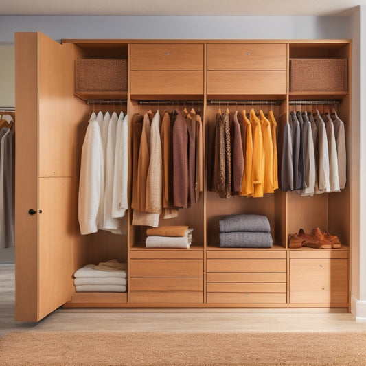A serene, minimalist closet interior featuring a custom-built organizer with five soft-close drawers in a warm, honey-brown wood tone, surrounded by crisp white walls and a plush area rug.