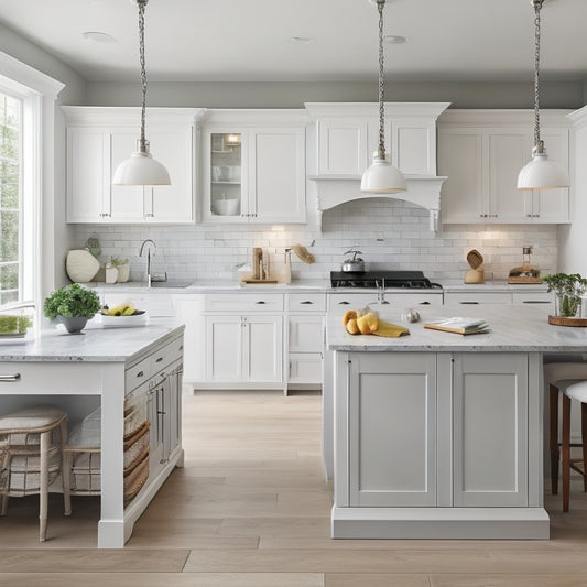 A serene, white, U-shaped kitchen island with built-in drawers, shelves, and cabinets, featuring a butcher-block top, stainless steel appliances, and pendant lamps, set against a soft, gray background.
