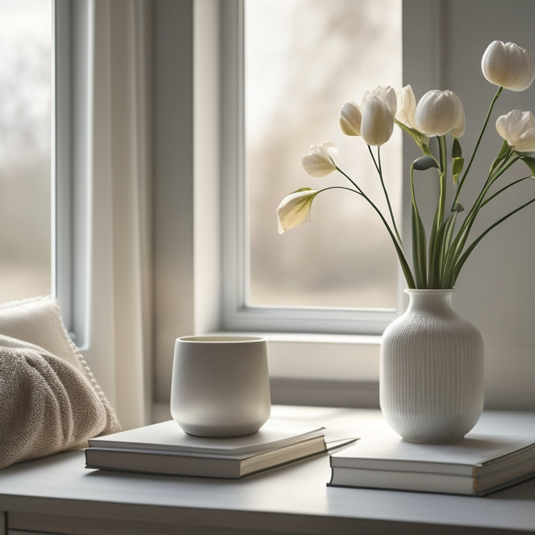 A serene living room with a few, carefully placed books on a minimalist bookshelf, a single vase with a single stem of blooming flower, and a faint hint of natural light pouring through a spotless window.