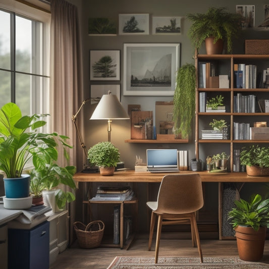 A tidy, well-lit home office with a wooden desk, a laptop, and a few neatly labeled file folders, surrounded by a few potted plants and a small, organized bookshelf in the background.