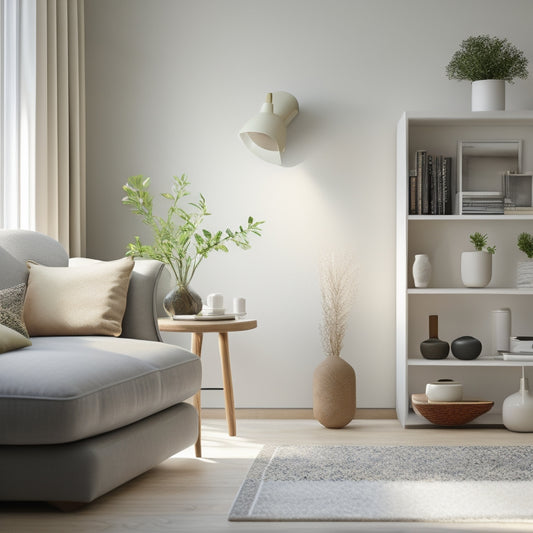 A serene, minimalist living room with a few, carefully selected decorative objects, a tidy bookshelf, and a vacuum cleaner in the corner, surrounded by soft, natural light.