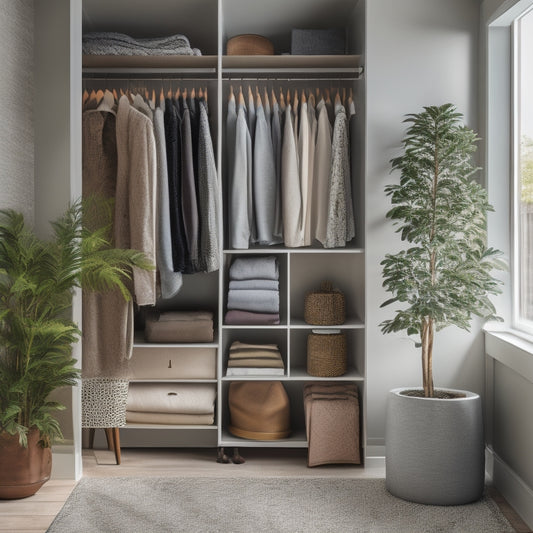 A serene, well-lit closet interior with sleek, minimalist shelves, a chic ottoman, and a few, carefully selected garments on velvet hangers, surrounded by plenty of empty space and a few potted plants.
