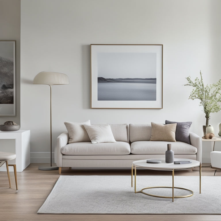 A serene, white-walled living room with a sleek, low-profile sofa, a few choice art pieces, and a sparse, modern coffee table, surrounded by plenty of negative space.