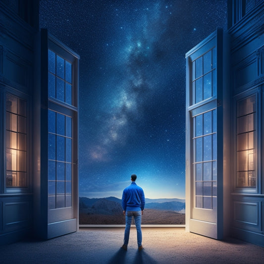 An illustration of a person standing in a doorway, looking out at a vast, starry night sky, with a blueprint or architectural plan in hand, surrounded by scattered building blocks and tools.