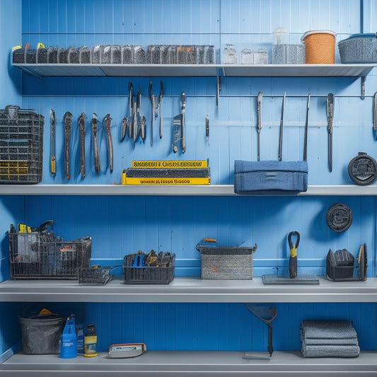 A tidy garage interior with a wall-mounted tool rack holding organized rows of wrenches, pliers, and screwdrivers, surrounded by a calm blue-gray background and a subtle hint of a payment terminal in the corner.